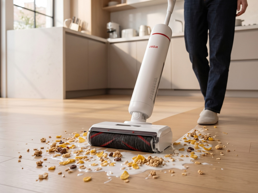 Osoji M450 aspirando sólidos y líquidos en una sola pasada